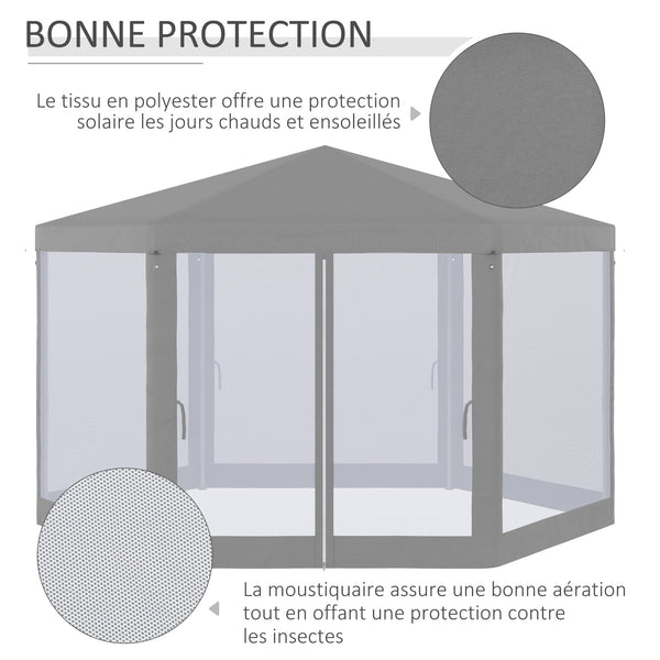 Tonnelle barnum tente de réception hexagonale style cosy métal polyester gris