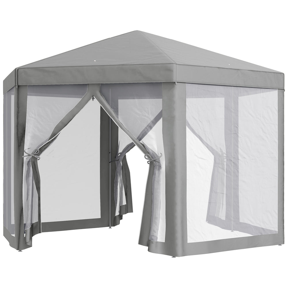 Tonnelle barnum tente de réception hexagonale style cosy métal polyester gris