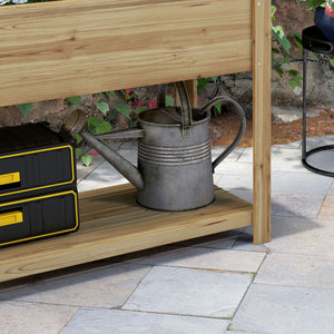 Jardinière rectangulaire sur pieds - potager surélevé avec treillis - 2 tablettes latérales rabattables et 1 étagère inférieure - bois  dim. 140L x 45D x 151H cm