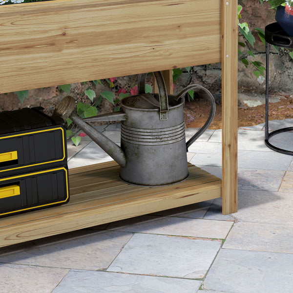 Jardinière rectangulaire sur pieds - potager surélevé avec treillis - 2 tablettes latérales rabattables et 1 étagère inférieure - bois  dim. 140L x 45D x 151H cm