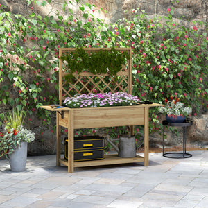 Jardinière rectangulaire sur pieds - potager surélevé avec treillis - 2 tablettes latérales rabattables et 1 étagère inférieure - bois  dim. 140L x 45D x 151H cm