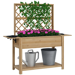 Jardinière rectangulaire sur pieds - potager surélevé avec treillis - 2 tablettes latérales rabattables et 1 étagère inférieure - bois  dim. 140L x 45D x 151H cm