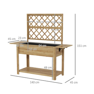 Jardinière rectangulaire sur pieds - potager surélevé avec treillis - 2 tablettes latérales rabattables et 1 étagère inférieure - bois  dim. 140L x 45D x 151H cm