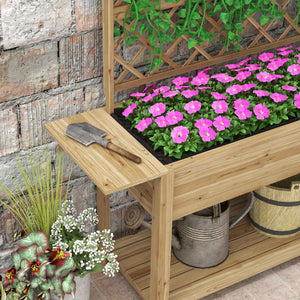 Jardinière rectangulaire sur pieds - potager surélevé avec treillis - 2 tablettes latérales rabattables et 1 étagère inférieure - bois  dim. 140L x 45D x 151H cm