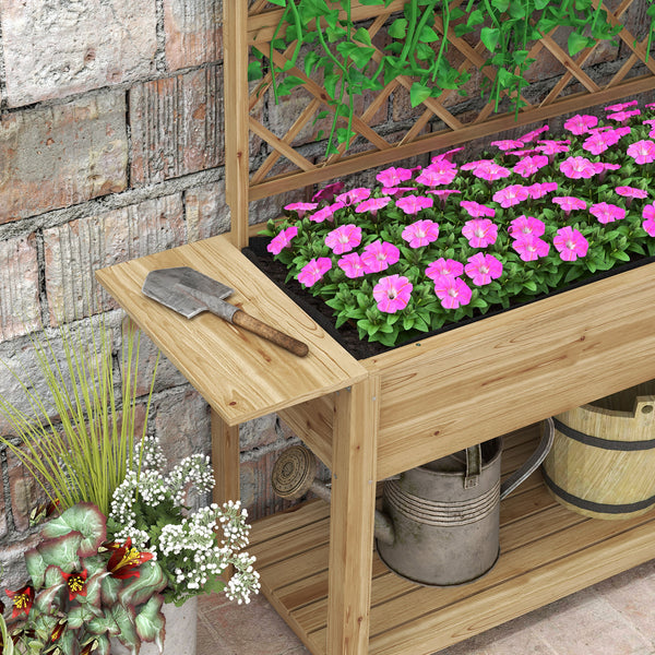 Jardinière rectangulaire sur pieds - potager surélevé avec treillis - 2 tablettes latérales rabattables et 1 étagère inférieure - bois  dim. 140L x 45D x 151H cm