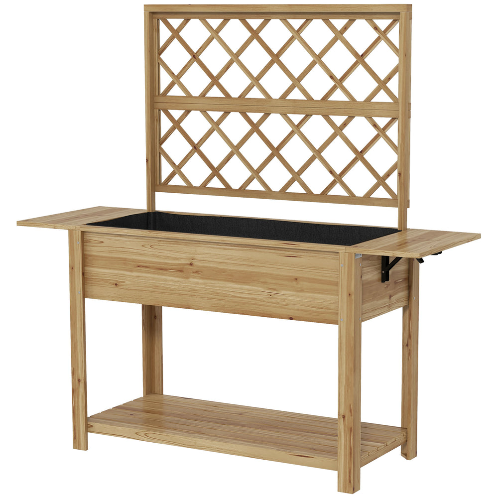 Jardinière rectangulaire sur pieds - potager surélevé avec treillis - 2 tablettes latérales rabattables et 1 étagère inférieure - bois  dim. 140L x 45D x 151H cm