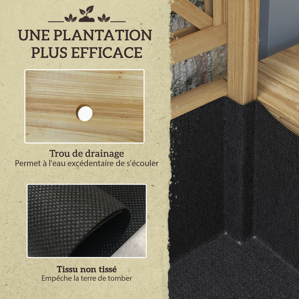 Jardinière rectangulaire sur pieds - potager surélevé avec treillis - 2 tablettes latérales rabattables et 1 étagère inférieure - bois  dim. 140L x 45D x 151H cm