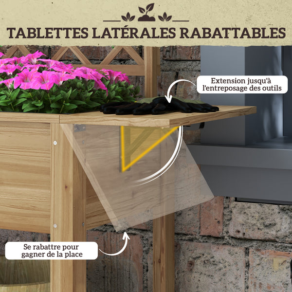 Jardinière rectangulaire sur pieds - potager surélevé avec treillis - 2 tablettes latérales rabattables et 1 étagère inférieure - bois  dim. 140L x 45D x 151H cm