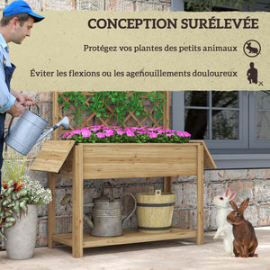 Jardinière rectangulaire sur pieds - potager surélevé avec treillis - 2 tablettes latérales rabattables et 1 étagère inférieure - bois  dim. 140L x 45D x 151H cm