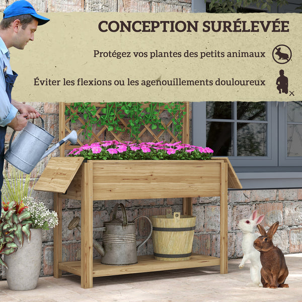 Jardinière rectangulaire sur pieds - potager surélevé avec treillis - 2 tablettes latérales rabattables et 1 étagère inférieure - bois  dim. 140L x 45D x 151H cm