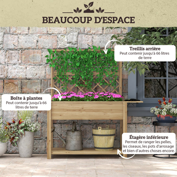 Jardinière rectangulaire sur pieds - potager surélevé avec treillis - 2 tablettes latérales rabattables et 1 étagère inférieure - bois  dim. 140L x 45D x 151H cm