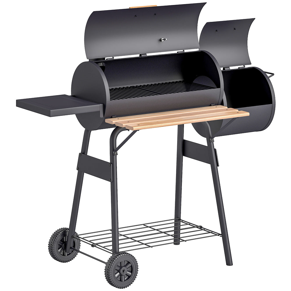 Barbecue à Charbon fumoir BBQ Grill Smoker sur Pied avec Couvercle, roulettes, thermomètre, étagères Acier laminé à Froid Noir