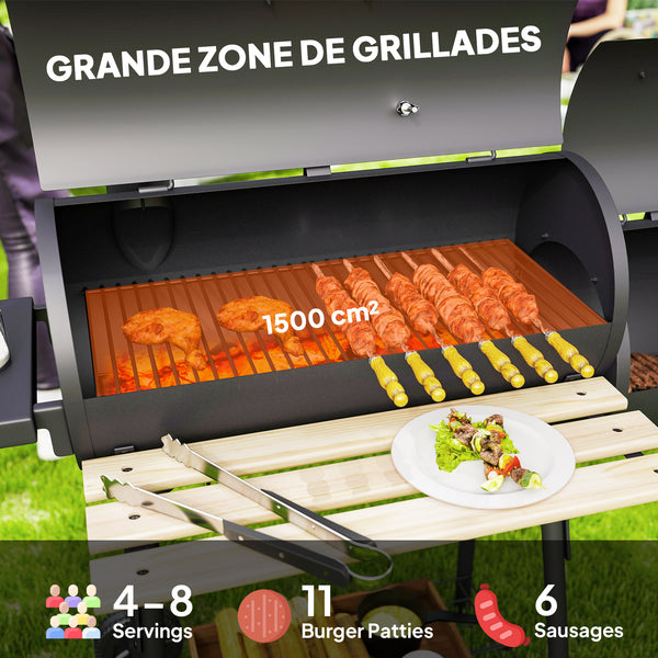 Barbecue à Charbon fumoir BBQ Grill Smoker sur Pied avec Couvercle, roulettes, thermomètre, étagères Acier laminé à Froid Noir