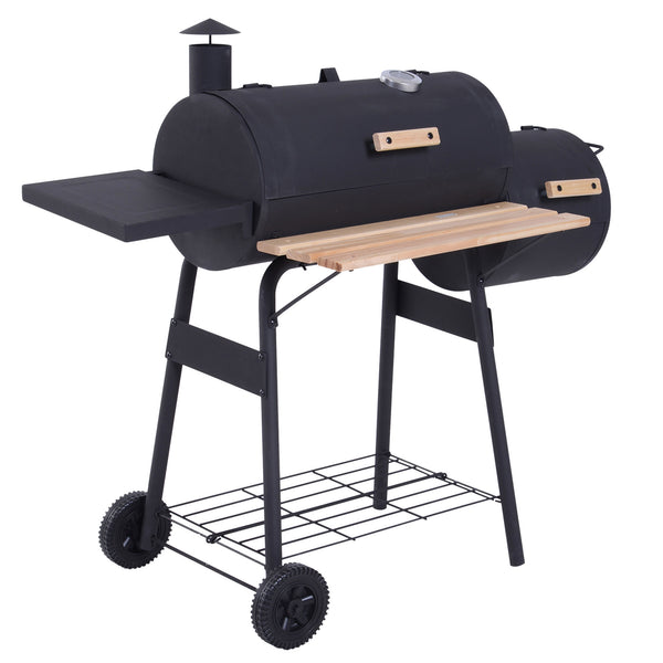 Barbecue à Charbon fumoir BBQ Grill Smoker sur Pied avec Couvercle, roulettes, thermomètre, étagères Acier laminé à Froid Noir