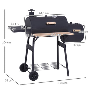 Barbecue à Charbon fumoir BBQ Grill Smoker sur Pied avec Couvercle, roulettes, thermomètre, étagères Acier laminé à Froid Noir