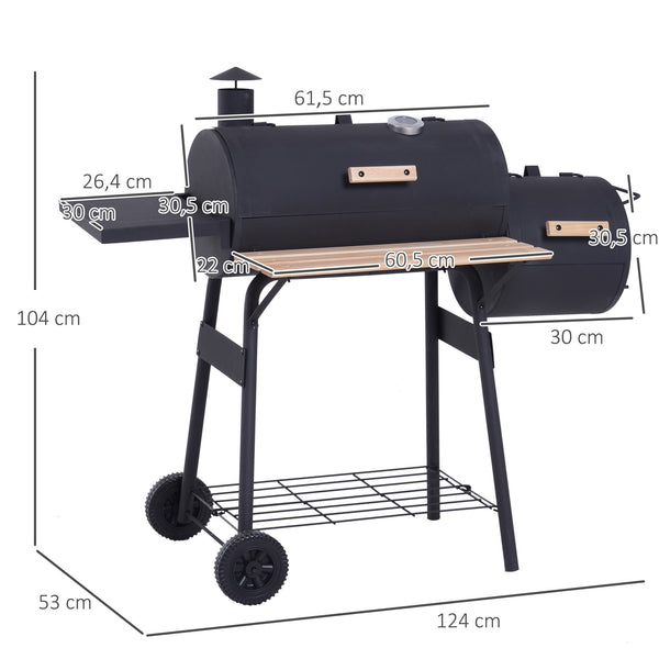 Barbecue à Charbon fumoir BBQ Grill Smoker sur Pied avec Couvercle, roulettes, thermomètre, étagères Acier laminé à Froid Noir