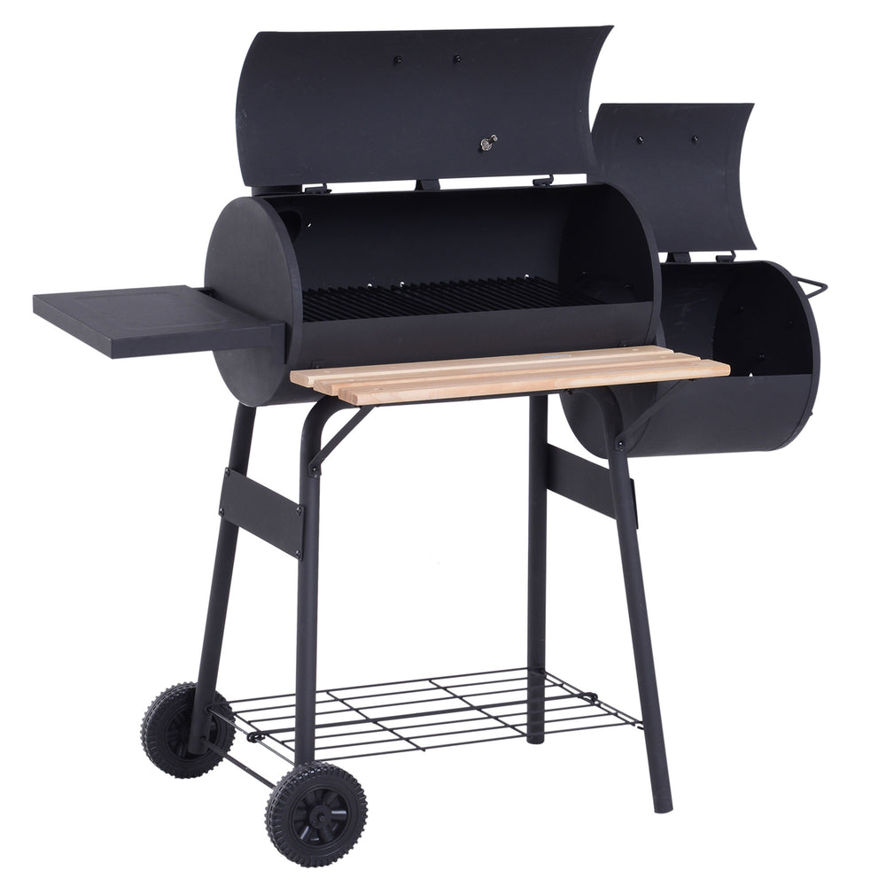 Barbecue à Charbon fumoir BBQ Grill Smoker sur Pied avec Couvercle, roulettes, thermomètre, étagères Acier laminé à Froid Noir