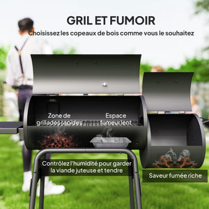 Barbecue à Charbon fumoir BBQ Grill Smoker sur Pied avec Couvercle, roulettes, thermomètre, étagères Acier laminé à Froid Noir