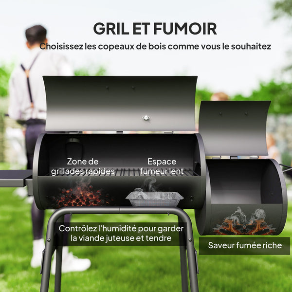 Barbecue à Charbon fumoir BBQ Grill Smoker sur Pied avec Couvercle, roulettes, thermomètre, étagères Acier laminé à Froid Noir