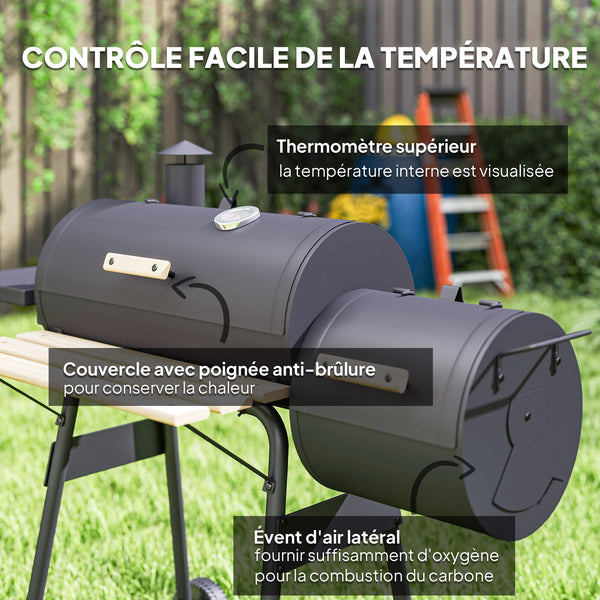 Barbecue à Charbon fumoir BBQ Grill Smoker sur Pied avec Couvercle, roulettes, thermomètre, étagères Acier laminé à Froid Noir