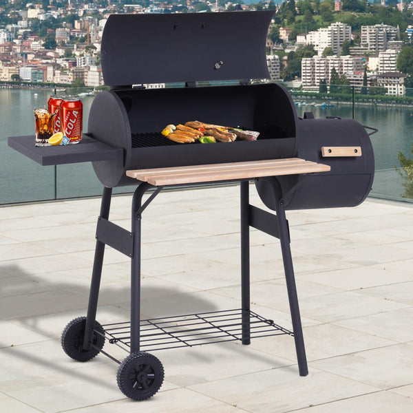 Barbecue à Charbon fumoir BBQ Grill Smoker sur Pied avec Couvercle, roulettes, thermomètre, étagères Acier laminé à Froid Noir