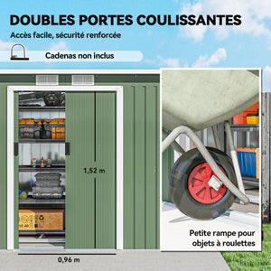 Abri de Jardin 3,6 m² Remise à Outils avec kit de fondation en Acier galvanisé avec Portes coulissantes, dim. 280L x 130l x 172H cm, Vert clair