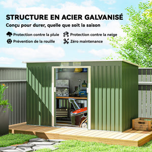 Abri de Jardin 3,6 m² Remise à Outils avec kit de fondation en Acier galvanisé avec Portes coulissantes, dim. 280L x 130l x 172H cm, Vert clair