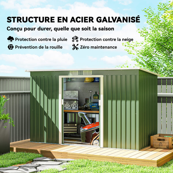 Abri de Jardin 3,6 m² Remise à Outils avec kit de fondation en Acier galvanisé avec Portes coulissantes, dim. 280L x 130l x 172H cm, Vert clair