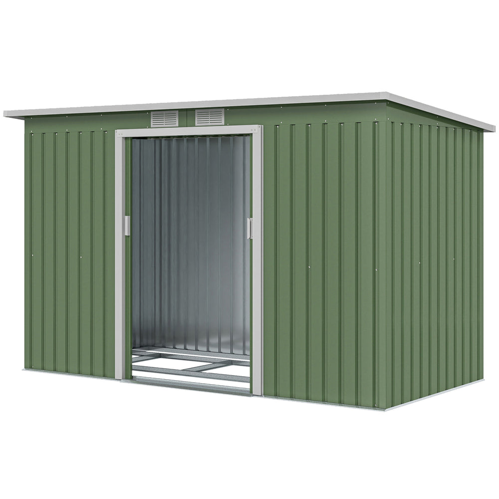 Abri de Jardin 3,6 m² Remise à Outils avec kit de fondation en Acier galvanisé avec Portes coulissantes, dim. 280L x 130l x 172H cm, Vert clair