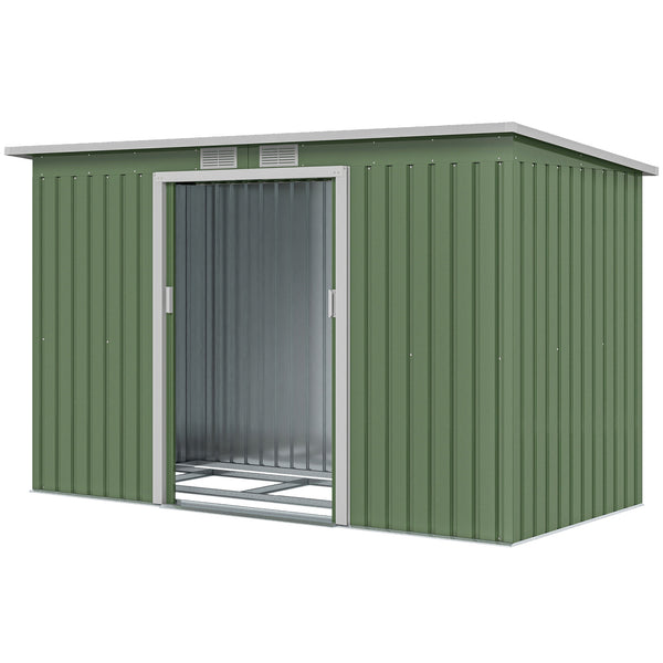 Abri de Jardin 3,6 m² Remise à Outils avec kit de fondation en Acier galvanisé avec Portes coulissantes, dim. 280L x 130l x 172H cm, Vert clair