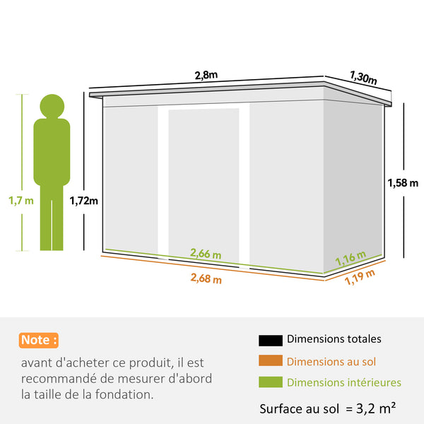 Abri de Jardin 3,6 m² Remise à Outils avec kit de fondation en Acier galvanisé avec Portes coulissantes, dim. 280L x 130l x 172H cm, Vert clair