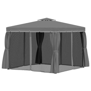 Tonnelle de jardin extérieur 3 x 3 m, barnum avec toit double, rideaux et moustiquaire, tente de réception en aluminium, tonnelle pour terrasse patio mariage baptême, gris foncé