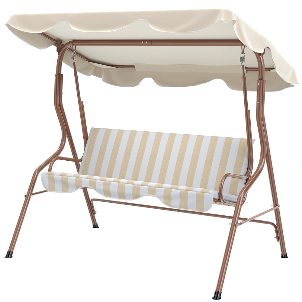 Balancelle de Jardin 3 Places Toit imperméabilisé Inclinaison réglable Coussins Assise Dossier 1,7L x 1,1l x 1,53H m Acier Polyester marron crème rayé