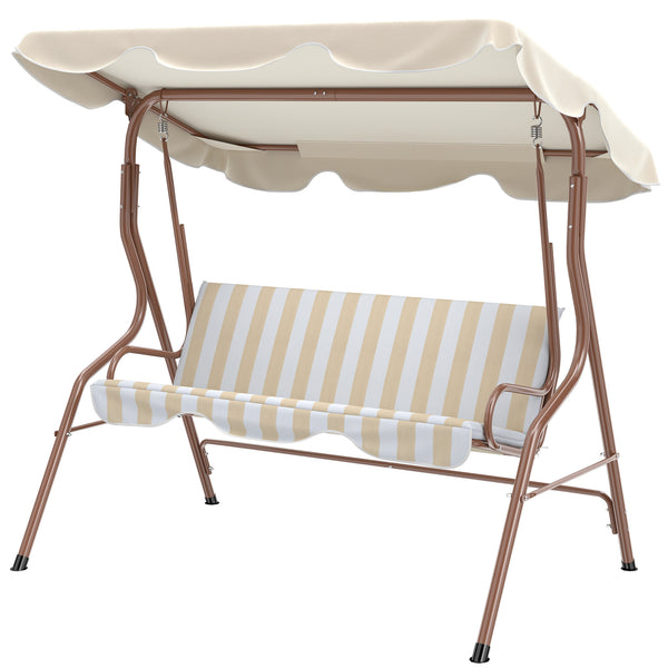 Balancelle de Jardin 3 Places Toit imperméabilisé Inclinaison réglable Coussins Assise Dossier 1,7L x 1,1l x 1,53H m Acier Polyester marron crème rayé
