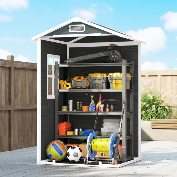 Abri de jardin en résine effet bois, 128x104x196cm (1,09 m²) - cabane de stockage avec plancher, fenêtre et toit pointu anti-pluie - rangement extérieur pour outils et tondeuse, gris