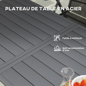 Table à manger de jardin pour 6 personnes, table de jardin avec plateau à lattes rectangulaire en acier anti-rouille, pour patio, terrasse, balcon, 150 x 80 x 74 cm, gris