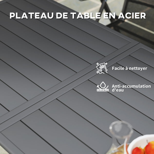 Table à manger de jardin pour 6 personnes, table de jardin avec plateau à lattes rectangulaire en acier anti-rouille, pour patio, terrasse, balcon, 150 x 80 x 74 cm, gris