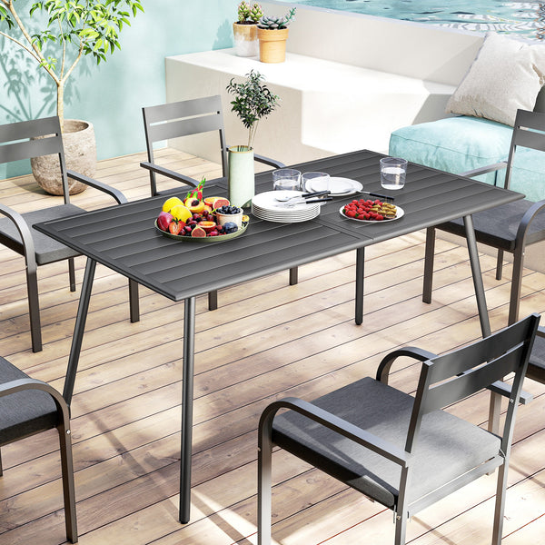 Table à manger de jardin pour 6 personnes, table de jardin avec plateau à lattes rectangulaire en acier anti-rouille, pour patio, terrasse, balcon, 150 x 80 x 74 cm, gris