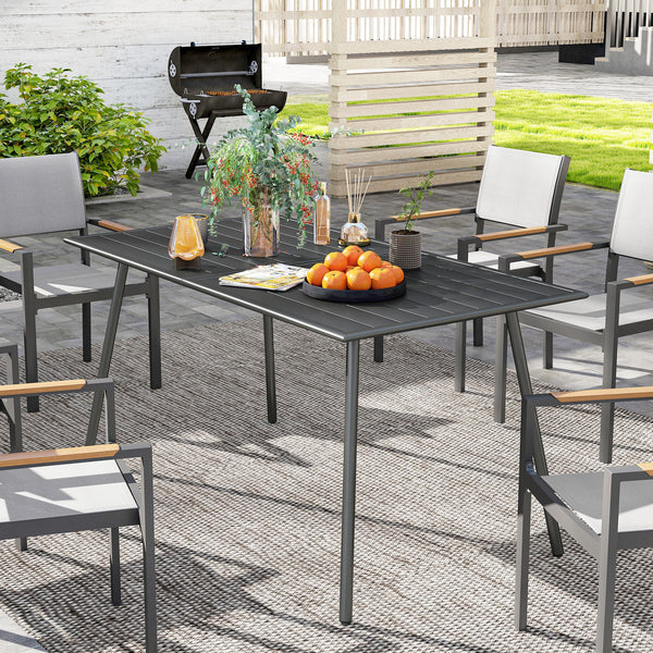 Table à manger de jardin pour 6 personnes, table de jardin avec plateau à lattes rectangulaire en acier anti-rouille, pour patio, terrasse, balcon, 150 x 80 x 74 cm, gris