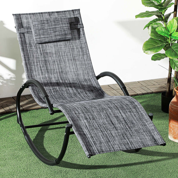 Chaise longue à bascule, transat de jardin ergonomique, bain de soleil, avec tétière, rocking chair, textilène, utilisation extérieure intérieure, gris chiné