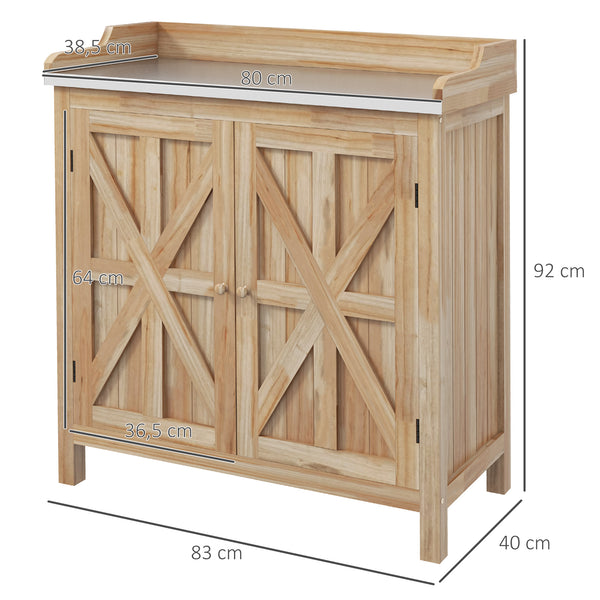 Table de rempotage armoire de rangement de jardin avec 2 étagères, plateau galvanisé patins antidérapants en bois sapin