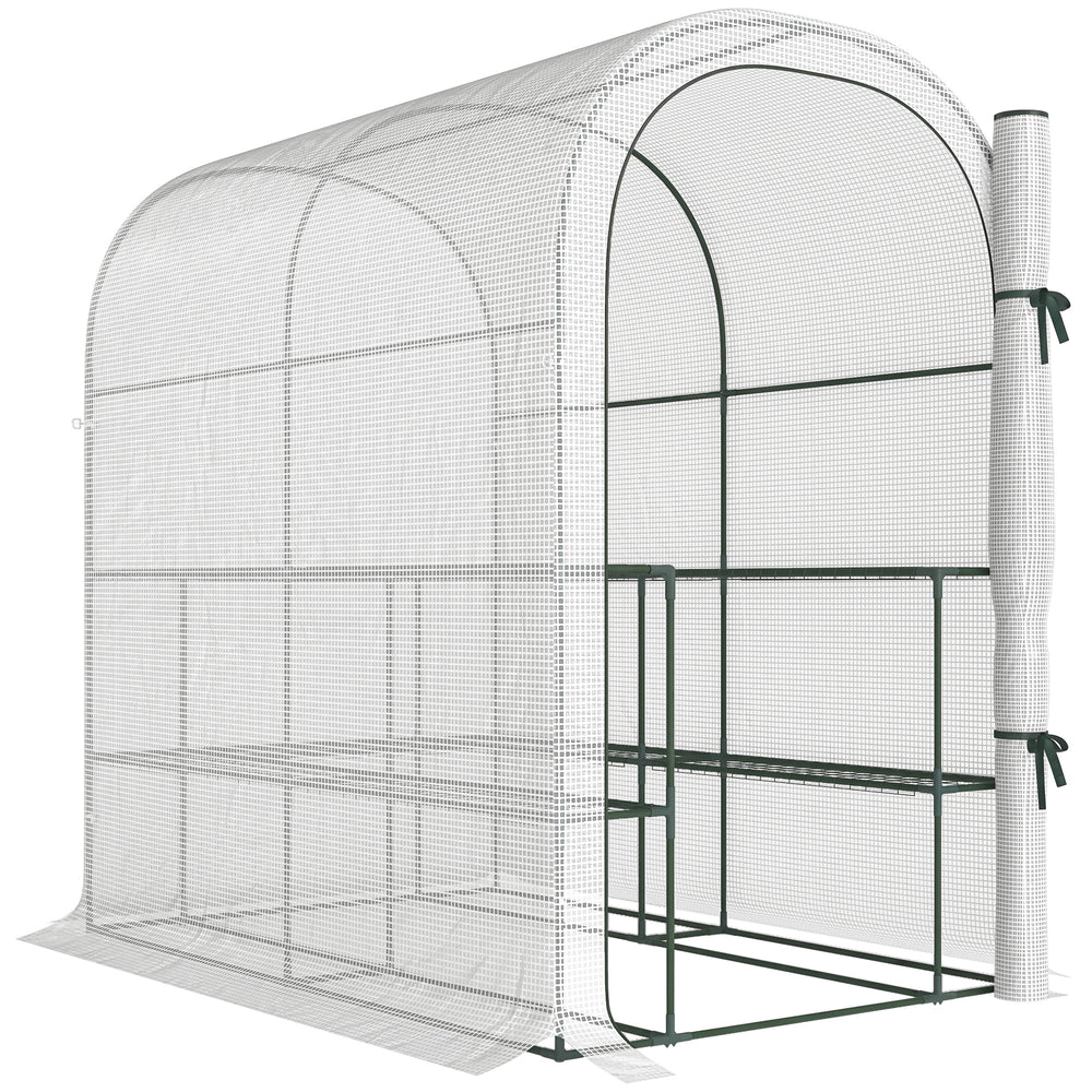 Serre de jardin avec étagères, 123 x 187 x 189 cm, petite serre avec porte enroulable, bâche PE haute densité 140 g/m², prolongée de 10 cm, blanc
