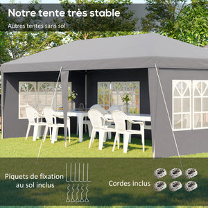 Tonnelle de jardin extérieure pop-up pliante - tente de réception - 3 x 6 m - pavillon chapiteau barnum - 3 cotés démontables - piquets d'ancrage au sol + sac de transport inclus gris