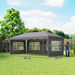 Tonnelle de jardin extérieure pop-up pliante - tente de réception - 3 x 6 m - pavillon chapiteau barnum - 3 cotés démontables - piquets d'ancrage au sol + sac de transport inclus gris