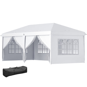 Tonnelle de jardin pliante 6 x 3 m tonnelle de jardin extérieure barnum pliant pop-up imperméabilisé 4 parois latérales amovibles 4 fenêtres + sac de transport blanc