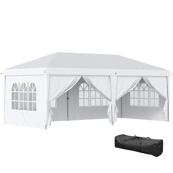 Tonnelle de jardin pliante 6 x 3 m tonnelle de jardin extérieure barnum pliant pop-up imperméabilisé 4 parois latérales amovibles 4 fenêtres + sac de transport blanc