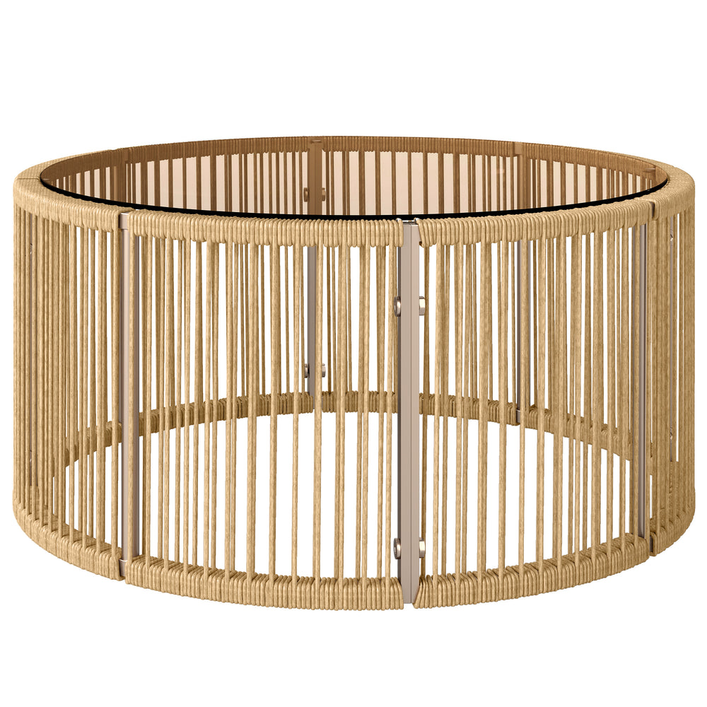 Table Basse de Jardin Ronde en Résine Tressée, Table d'Appoint avec Plateau en Verre Trempé et Cadre en Acier Galvanisé pour Patio, Jardin, Salon, 70x70x33cm, Marron