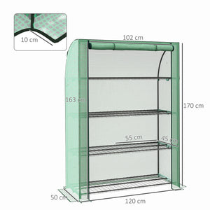 Serre de jardin PE avec étagères 4 niveaux, serre de balcon, bâche renforcée 135 g/m², châssis en acier, porte zippée enroulable, pour légumes plantes fleurs, 120 x 50 x 170 cm, vert