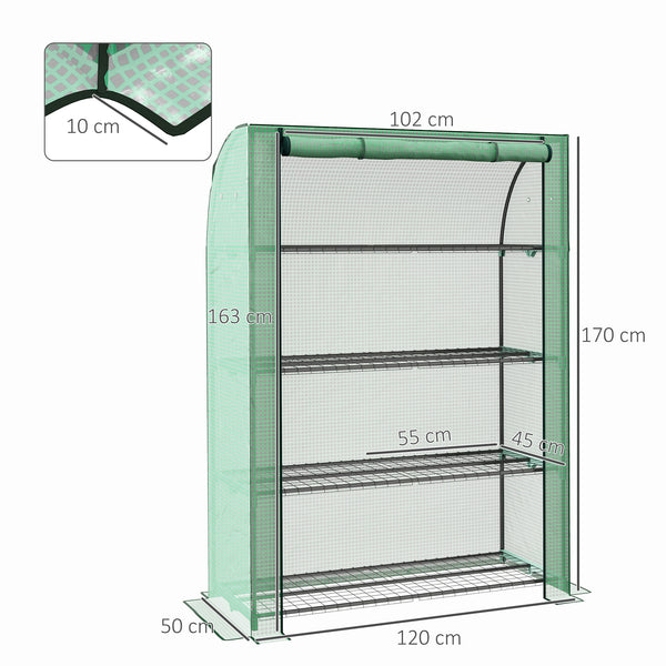 Serre de jardin PE avec étagères 4 niveaux, serre de balcon, bâche renforcée 135 g/m², châssis en acier, porte zippée enroulable, pour légumes plantes fleurs, 120 x 50 x 170 cm, vert