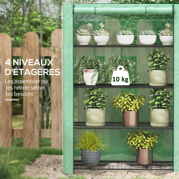Serre de jardin PE avec étagères 4 niveaux, serre de balcon, bâche renforcée 135 g/m², châssis en acier, porte zippée enroulable, pour légumes plantes fleurs, 120 x 50 x 170 cm, vert